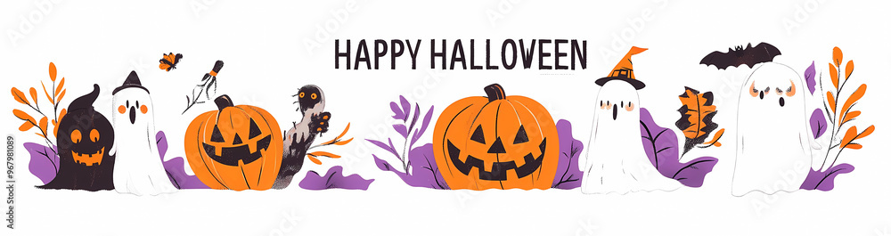 Set of cute Halloween posters, cards and banners with ghost characters and pumpkin, candy bag design vector Illustration on white background Set of cute Halloween posters, cards and banners with ghost characters and pumpkin, candy bag design vector Illustration on white background