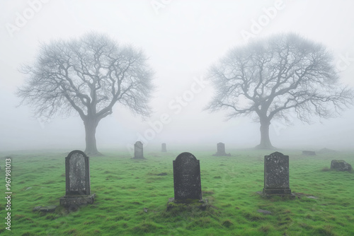 Eternal Rest in the Misty Morning: Ancient headstones stand sentinel in a dew-kissed graveyard, shrouded in an ethereal mist beneath the watchful gaze of gnarled oak trees. 