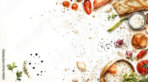 food in gredients. rice, bread, vegetable, spice. watercolor. background border