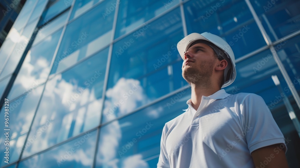 Confident corporate portrait of a young professional in white polo and helmet against sleek building Confident corporate portrait of a young professional in white polo and helmet against sleek building