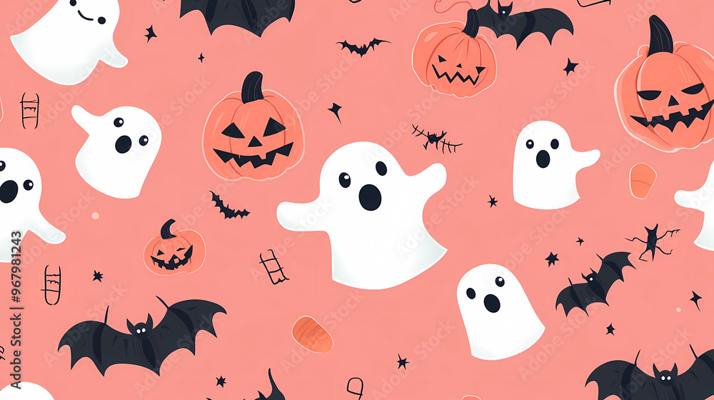 Halloween background with cute ghosts, pumpkins, and bats vector illustration pattern design on a pink color background. Halloween card template. Halloween background with cute ghosts, pumpkins, and bats vector illustration pattern design on a pink color background. Halloween card template.