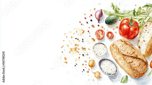 food in gredients. rice, bread, vegetable, spice. watercolor