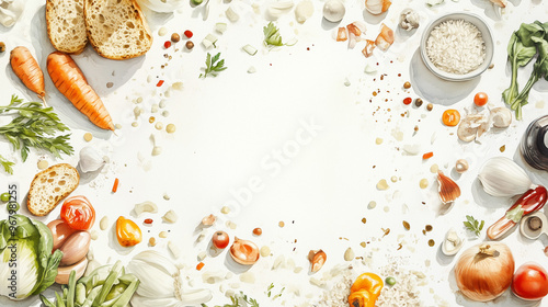 food in gredients. rice, bread, vegetable, spice. watercolor