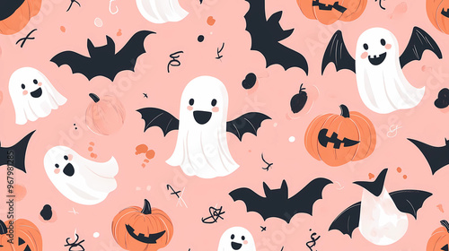 Halloween background with cute ghosts, pumpkins, and bats vector illustration pattern design on a pink color background. Halloween card template. 