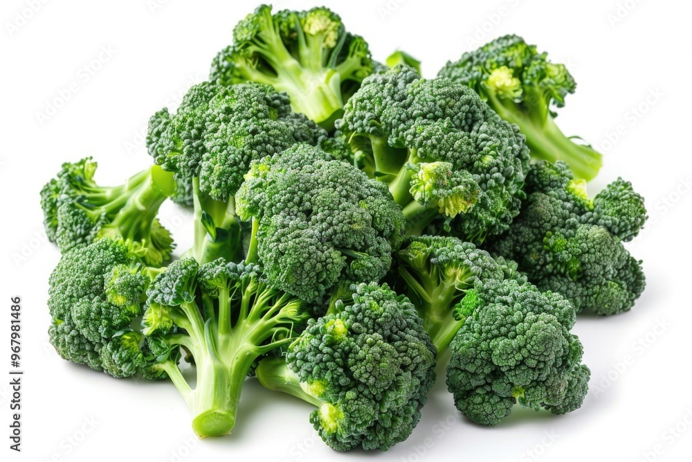 A bunch of green broccoli florets arranged neatly on a white background A bunch of green broccoli florets arranged neatly on a white background