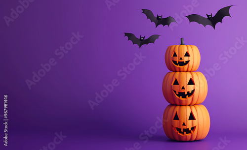 Halloween pumpkins stacked with bats flying on a purple background banner, a minimal concept design. 