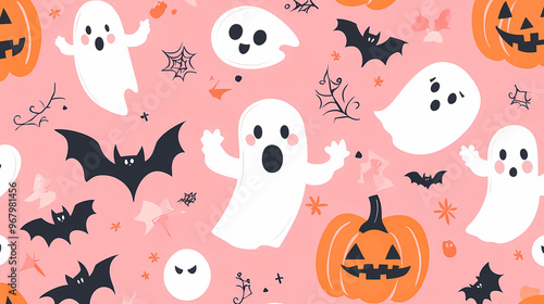 Halloween background with cute ghosts, pumpkins, and bats vector illustration pattern design on a pink color background. Halloween card template. 