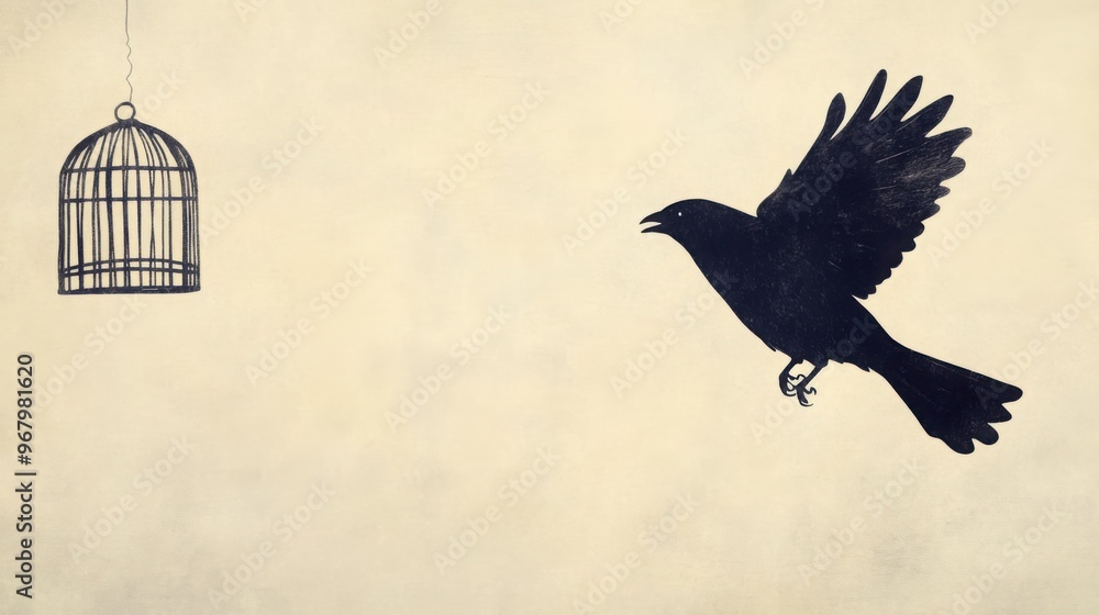 Obraz premium A bird flying away from an empty birdcage, [freedom], [metaphor for loss]