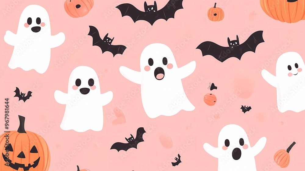 Halloween background with cute ghosts, pumpkins, and bats vector illustration pattern design on a pink color background. Halloween card template. Halloween background with cute ghosts, pumpkins, and bats vector illustration pattern design on a pink color background. Halloween card template.
