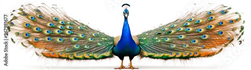 Elegant Peacock Display, a striking full-body portrait showcasing a vibrant peacock with its stunning feathers fully fanned out against a pristine white background for emphasis.