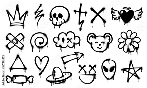 Grunge ink graffiti spray paint. Vector set of black graffiti-style symbols such as crown, skull, cross, heart and alien head, with grungy and drippy texture, capturing the urban street art aesthetic
