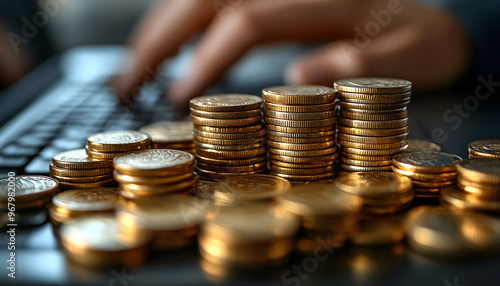 “Businessman Typing on a Laptop Surrounded by Stacks of Coins” 