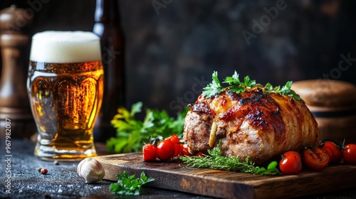 German food, Roasted pig knuckle with beer, roasted pork knuckle from Bavaria, isolated on dark background. Oktoberfest. text area, recipe, menu, banner