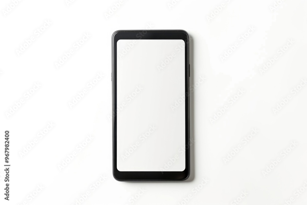 A smartphone with a blank screen placed on a white surface A smartphone with a blank screen placed on a white surface