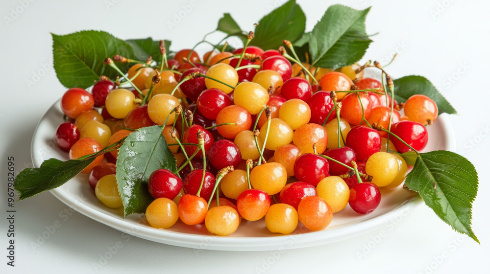 A white plate piled with fresh red and yellow cherries, some still attached to green leaves. The vibrant colors stand out against the simple white background. A white plate piled with fresh red and yellow cherries, some still attached to green leaves. The vibrant colors stand out against the simple white background.