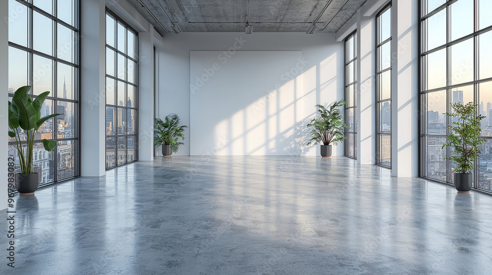 Fototapeta premium A large empty room with city views and natural light.