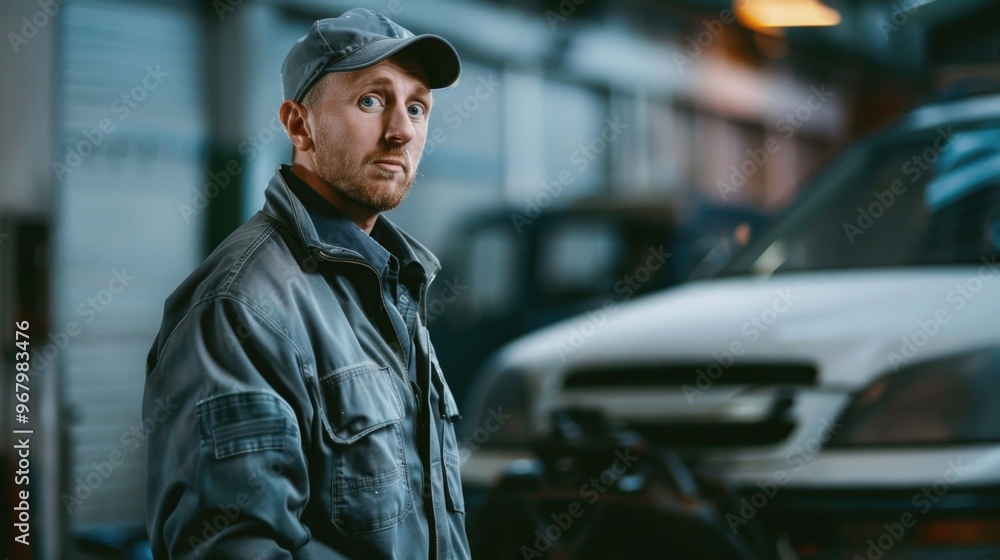 A person standing next to a vehicle in an automotive workshop A person standing next to a vehicle in an automotive workshop