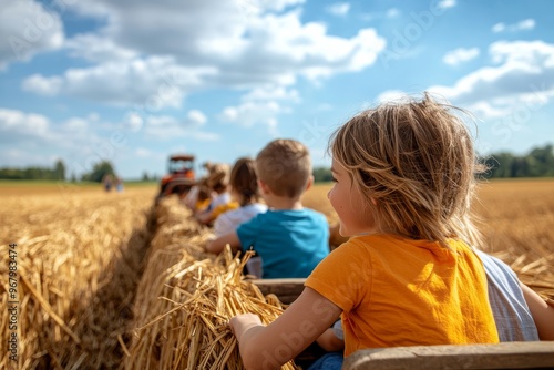 Children enjoying a ride through a golden wheat field on a sunny day. A fun and educational outdoors experience in the countryside.