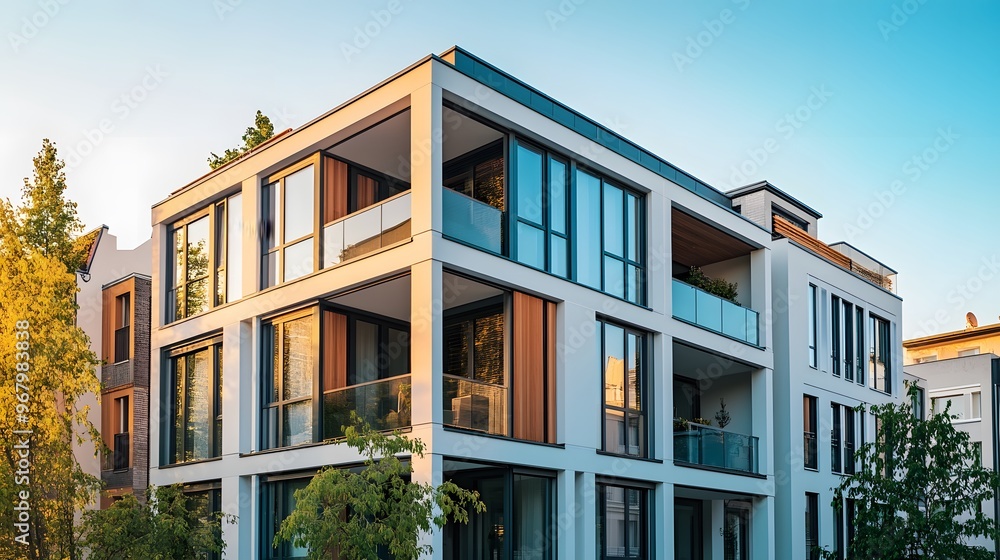 Fototapeta premium Modern Apartment Building with Large Windows and Balconies