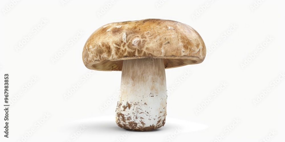 Close-up of a single mushroom growing on a white surface against a white background Close-up of a single mushroom growing on a white surface against a white background