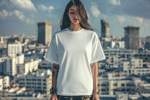 T-shirt worn by a model in an urban street wear style created with Generative AI