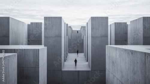 An abstract maze made of tall concrete walls, with individuals wandering alone in separate paths, representing confusion and the lack of teamwork caused by silo mentality