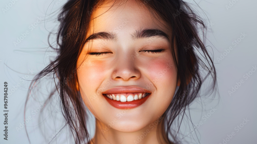 Portrait of a young Asian woman with closed eyes and a big smile Portrait of a young Asian woman with closed eyes and a big smile