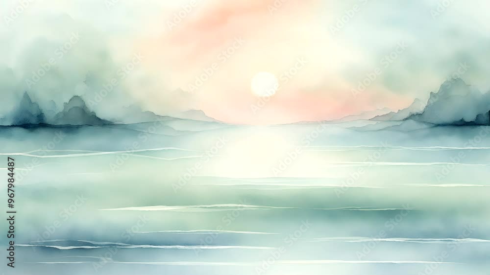 A serene watercolor landscape depicting a calm sea and a rising sun in soft pastel tones. A serene watercolor landscape depicting a calm sea and a rising sun in soft pastel tones.
