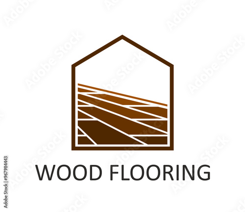 Wooden floor icon, wood parquet tile and flooring service emblem featuring wood floorboard tiling inside of house shape. Vector household emblem for company or brand specializing in home improvement
