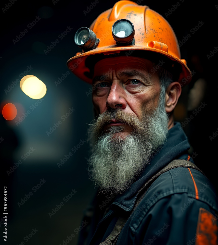 Experienced miner portrait: middle-aged man wearing an orange hard hat and headlamp on duty Experienced miner portrait: middle-aged man wearing an orange hard hat and headlamp on duty