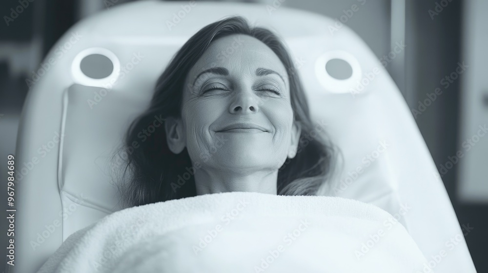 Smiling woman with eyes closed laying down in a spa chair Smiling woman with eyes closed laying down in a spa chair