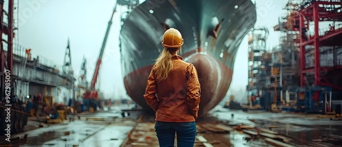 Empowered Shipbuilders Constructing Naval Vessels During Wartime at Bustling Shipyards A Photography Concept Capturing the Dedication and Resilience of the Workforce Including Both Women and Men photo