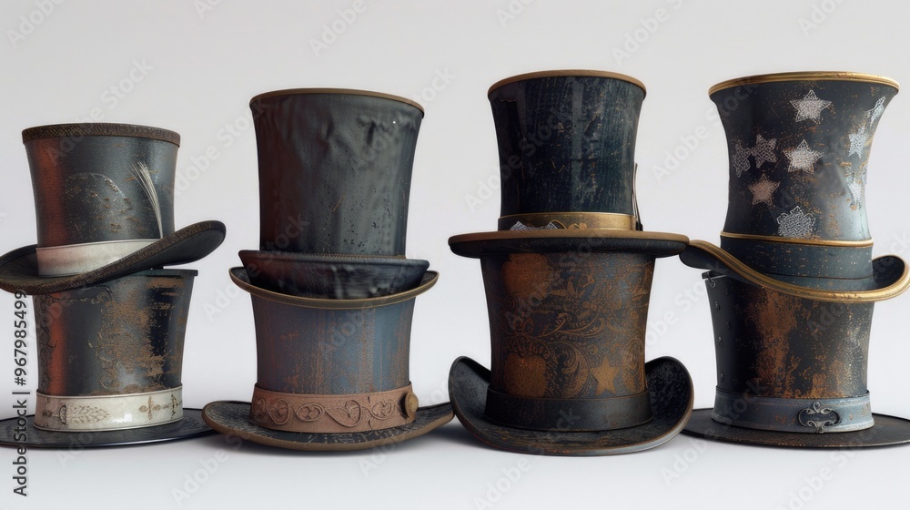 A collection of hats stacked on top of each other, perfect for use in still life or fashion photography A collection of hats stacked on top of each other, perfect for use in still life or fashion photography