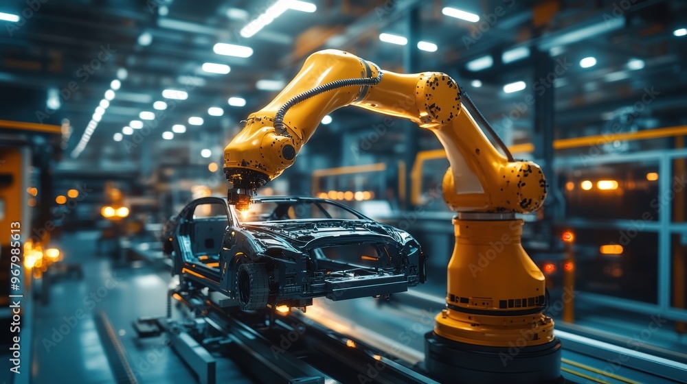 Robotic Arm Efficiently Assembling a Car in a Modern High-Tech Factory Environment Robotic Arm Efficiently Assembling a Car in a Modern High-Tech Factory Environment