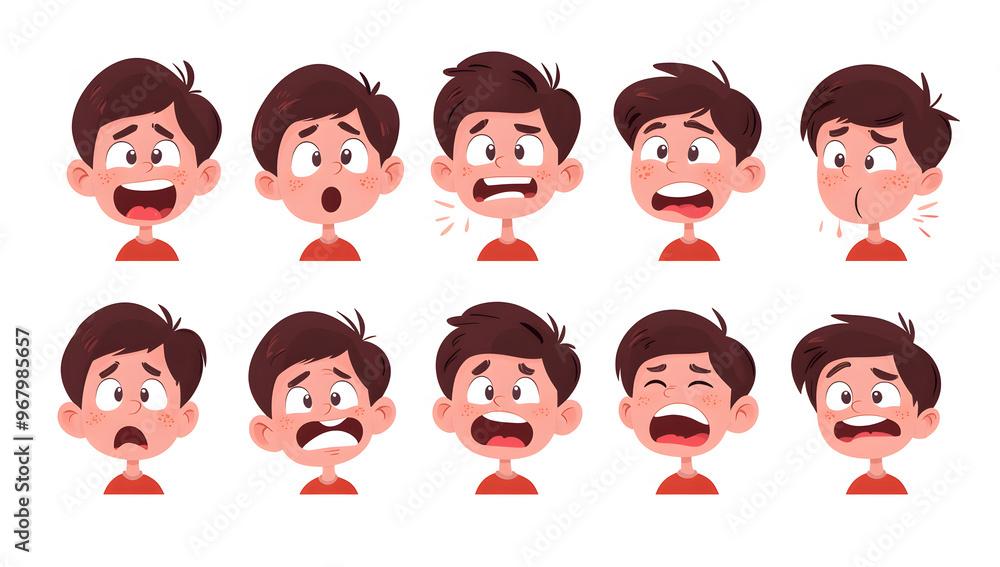 A cute boy, multiple poses and expressions, character sheet design in a vector illustration style, white background,character sheet. A cute boy, multiple poses and expressions, character sheet design in a vector illustration style, white background,character sheet.