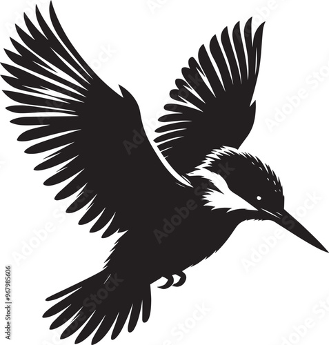 Beautiful kingfisher bird flying Silhouette vector illustration isolated on a white background