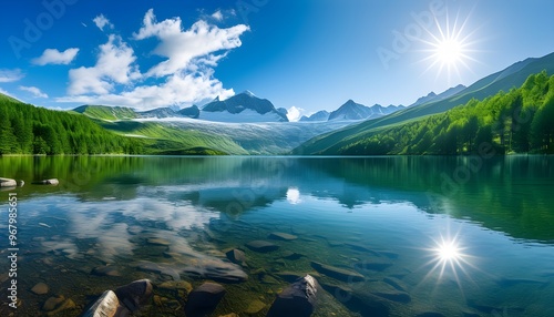 Serene mountain lake embraced by lush forest with distant snowcapped peaks under a bright sunny sky photo