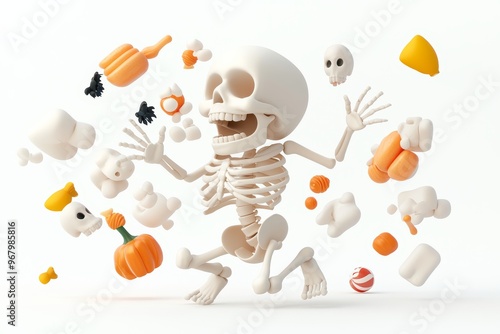 3D rendered playful skeleton surrounded by colorful Halloween-themed objects, perfect for festive and spooky design projects.