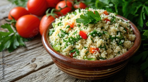 A vibrant quinoa salad bowl, garnished with fresh tomatoes, cucumbers, and parsley. A healthy, vegan, and gluten-free meal.