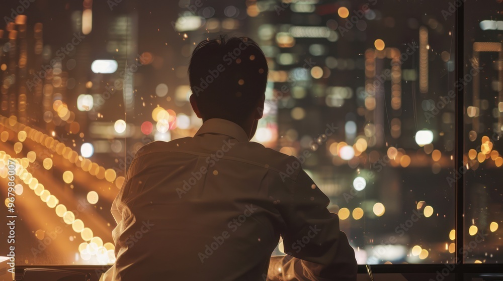 Fototapeta premium Man Looking Out a Window at the City at Night