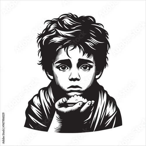 Close-up of a poor hungry orphan boy vector illustration silhouette