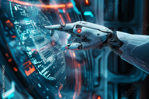 Robotic hand points to computer monitor in concept of integrating AI technology into everyday life.