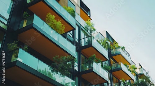 Modern Apartment Building with Green Balconies photo