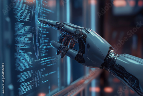 Robot's hand interacts with computer screen in  AI technology style.