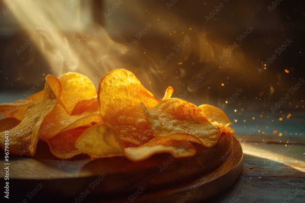 A pile of crispy potato chips sits on a rustic wooden plate, ready to be enjoyed A pile of crispy potato chips sits on a rustic wooden plate, ready to be enjoyed