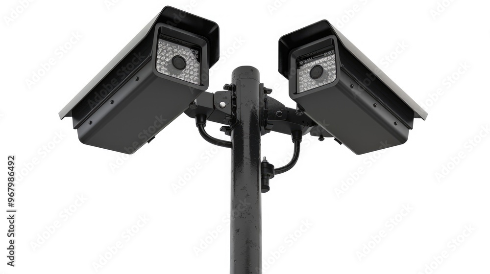 Two security cameras mounted on a pole against a white background Two security cameras mounted on a pole against a white background