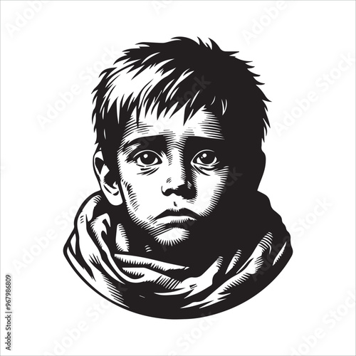 Close-up of a poor hungry orphan boy vector illustration silhouette