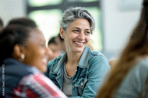 A person with a pleasant expression sitting at a table, possibly having a meal or socializing photo