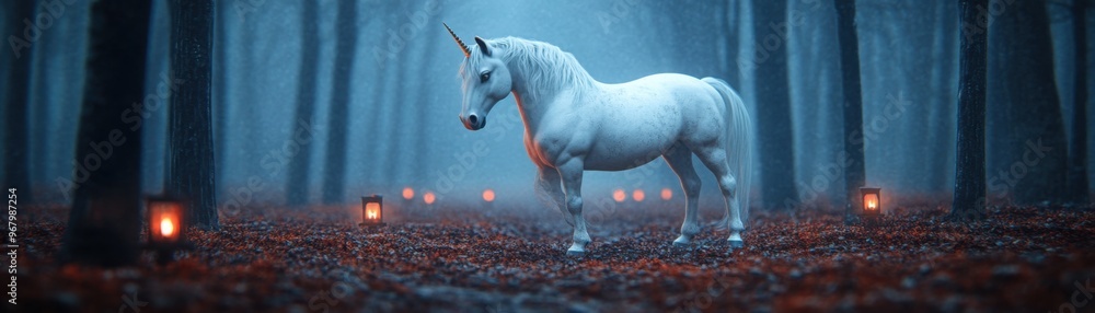 Gothic unicorn in a dark forest with haunted lanterns, 3D illustration Gothic unicorn in a dark forest with haunted lanterns, 3D illustration