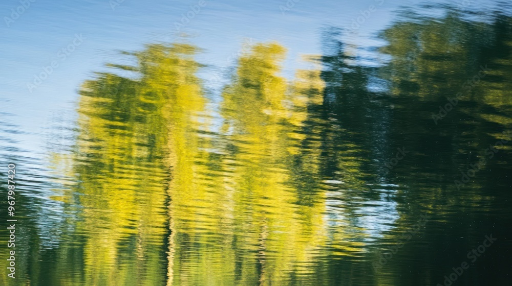 Reflections of vibrant green trees on a calm water surface, creating a serene natural scene. Reflections of vibrant green trees on a calm water surface, creating a serene natural scene.